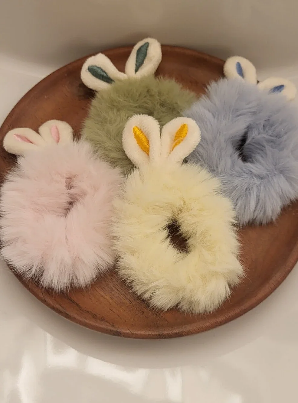 Set 4 Fluffy Bunny Ear Pom Hair Tie for Kids — Pastel Pink, Blue, Yellow, Gray